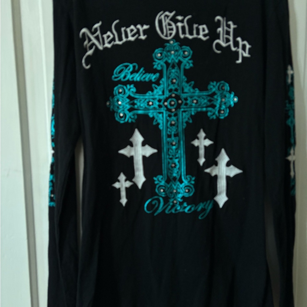 Cowgirl Tuff Shirt with Turquoise and White Cross Design, Never Give Up Style